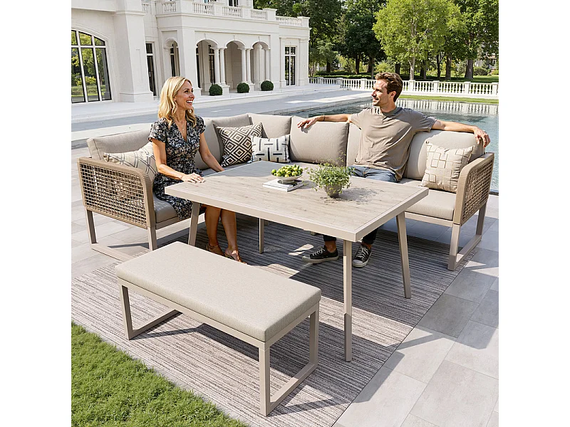 Sala de jardim de canto modular em metal - 6 a 8 lugares - com almofadas removíveis e laváveis - Bege