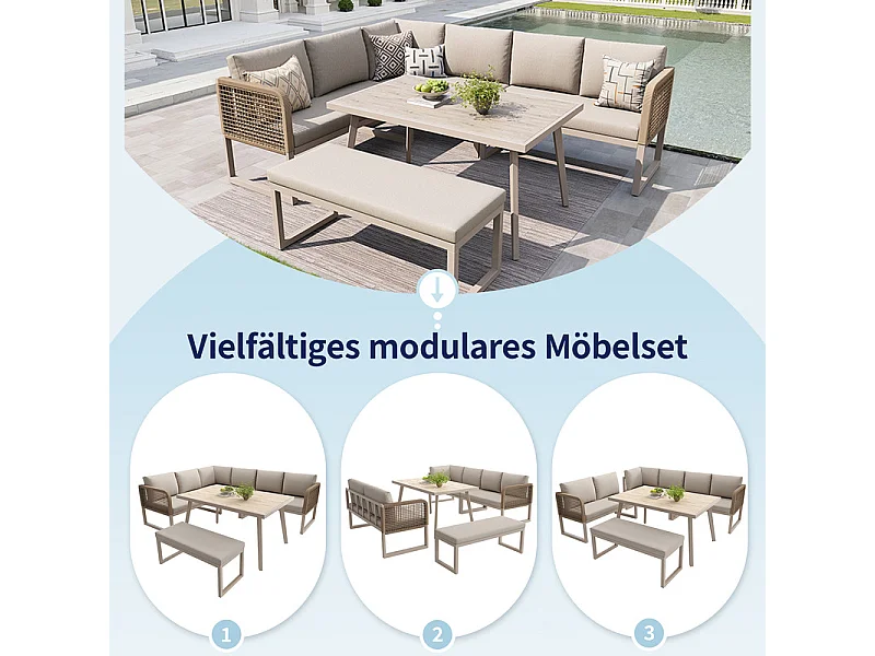 Sala de jardim de canto modular em metal - 6 a 8 lugares - com almofadas removíveis e laváveis - Bege