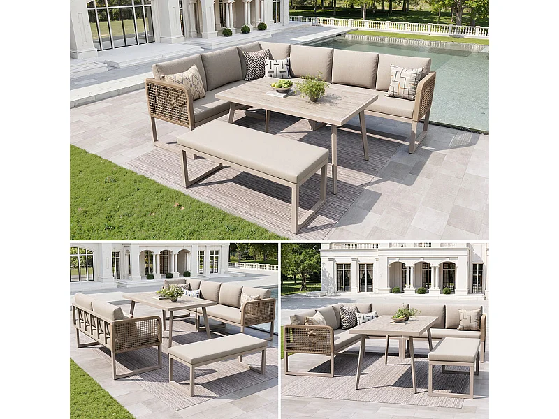 Sala de jardim de canto modular em metal - 6 a 8 lugares - com almofadas removíveis e laváveis - Bege