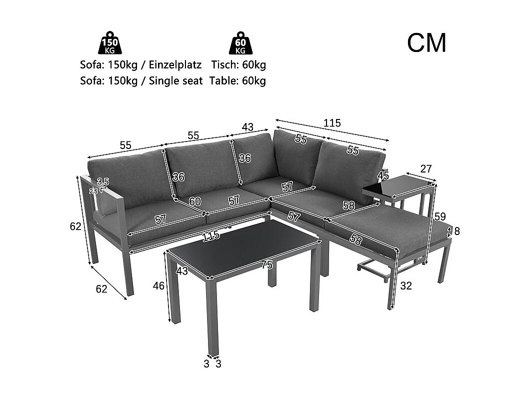 Sala de jardim de canto em alumínio para 5 pessoas, com mesa de centro e mesa lateral, Cinzento