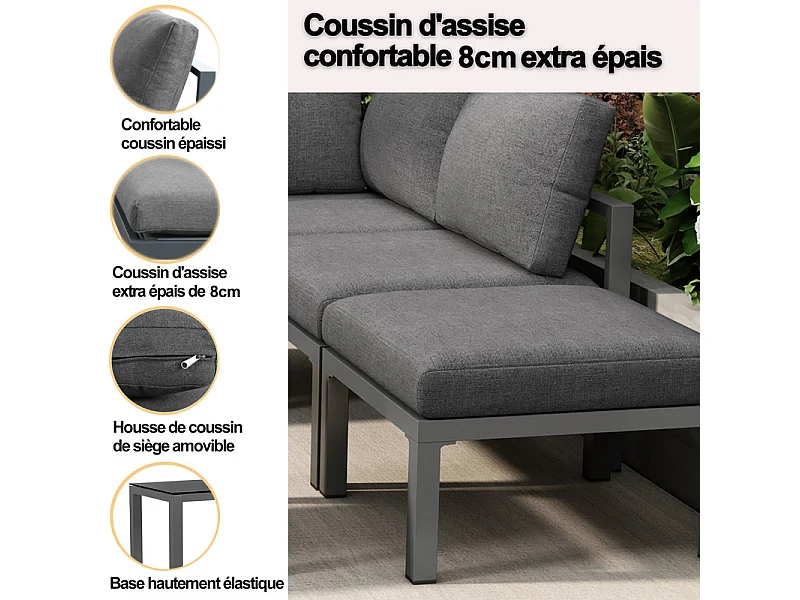 Sala de jardim de canto em alumínio para 5 pessoas, com mesa de centro e mesa lateral, Cinzento