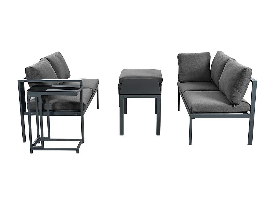 Sala de jardim de canto em alumínio para 5 pessoas, com mesa de centro e mesa lateral, Cinzento