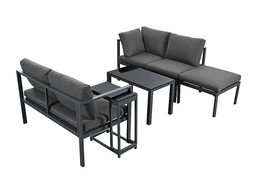 Sala de jardim de canto em alumínio para 5 pessoas, com mesa de centro e mesa lateral, Cinzento