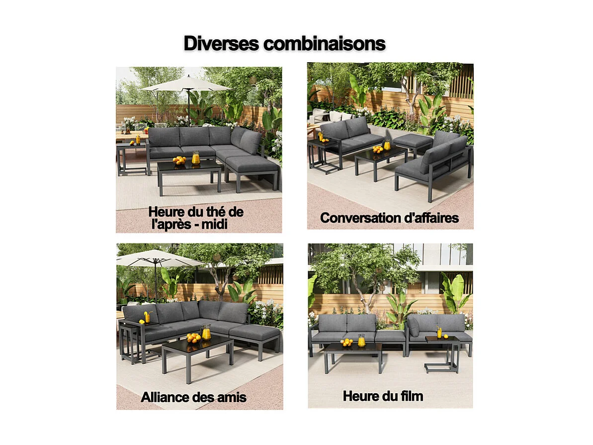 Sala de jardim de canto em alumínio para 5 pessoas, com mesa de centro e mesa lateral, Cinzento