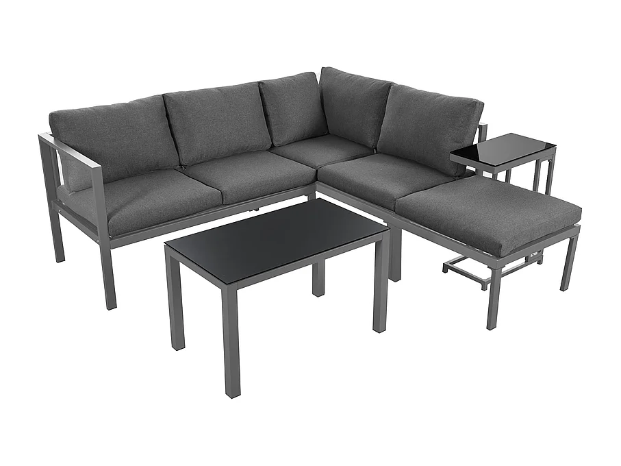 Sala de jardim de canto em alumínio para 5 pessoas, com mesa de centro e mesa lateral, Cinzento