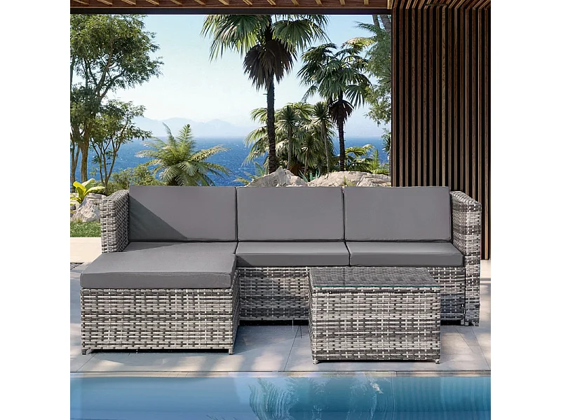 Set exterior mobiliario jardín - 3 plazas - sofás esquineros reversibles y mesa de centro con vidrio