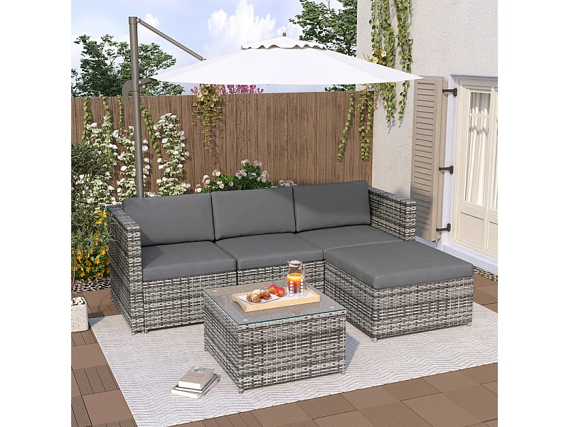 Set exterior mobiliario jardín - 3 plazas - sofás esquineros reversibles y mesa de centro con vidrio