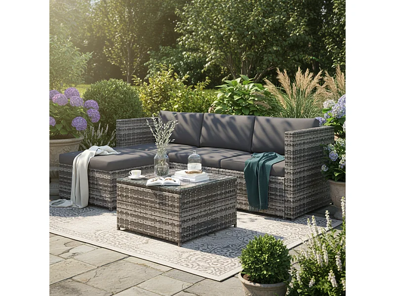 Set exterior mobiliario jardín - 3 plazas - sofás esquineros reversibles y mesa de centro con vidrio