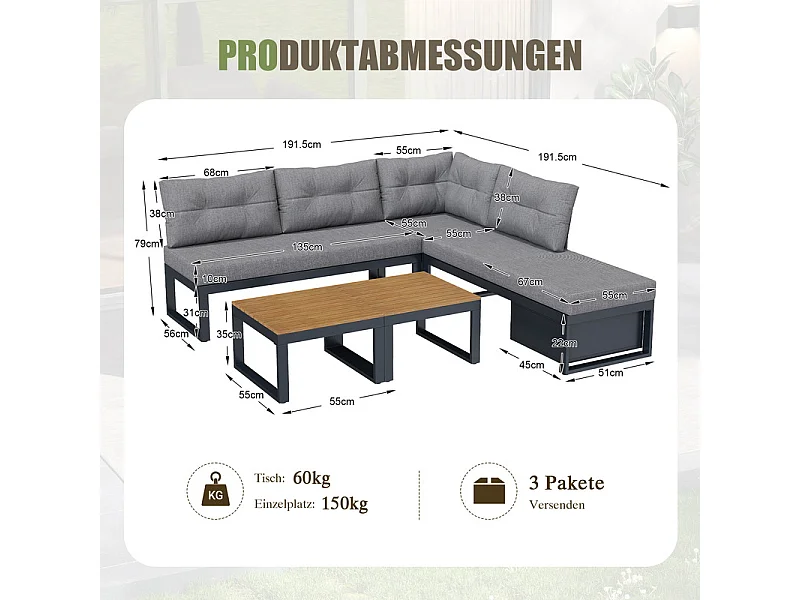 Sala de jardim modular em ferro: 1 sofá de canto elevável + 2 mesas de centro - 3 níveis ajustáveis + arrumação - Cinzento