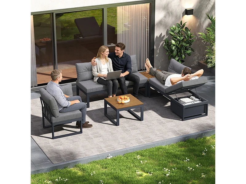 Sala de jardim modular em ferro: 1 sofá de canto elevável + 2 mesas de centro - 3 níveis ajustáveis + arrumação - Cinzento