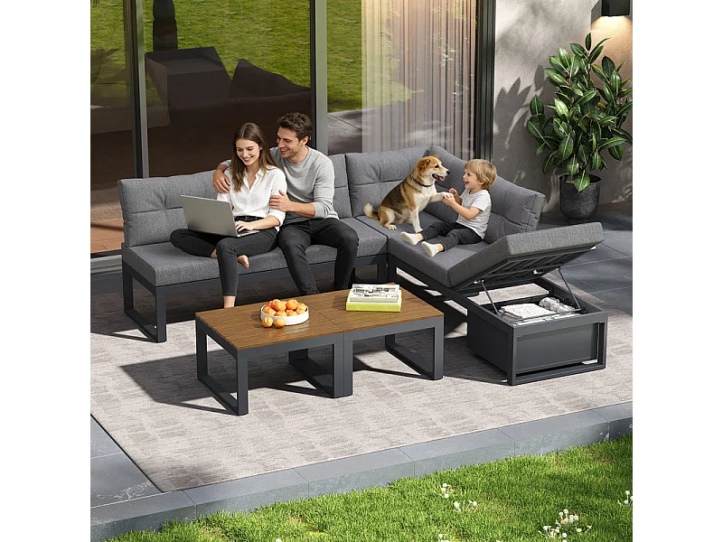 Sala de jardim modular em ferro: 1 sofá de canto elevável + 2 mesas de centro - 3 níveis ajustáveis + arrumação - Cinzento