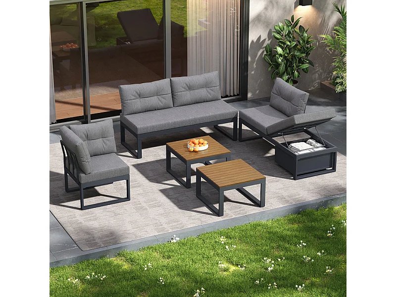 Sala de jardim modular em ferro: 1 sofá de canto elevável + 2 mesas de centro - 3 níveis ajustáveis + arrumação - Cinzento