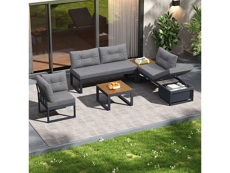 Sala de jardim modular em ferro: 1 sofá de canto elevável + 2 mesas de centro - 3 níveis ajustáveis + arrumação - Cinzento