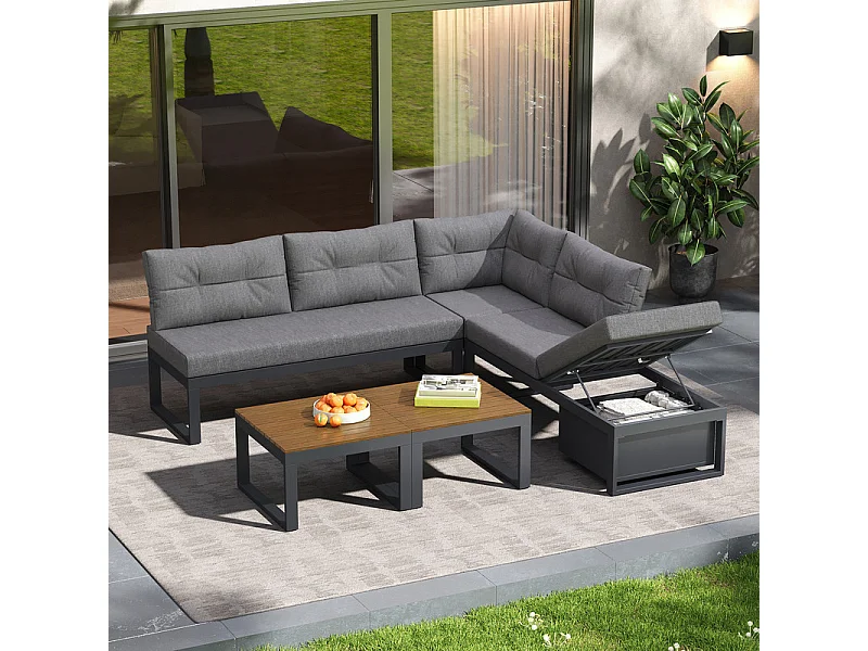 Sala de jardim modular em ferro: 1 sofá de canto elevável + 2 mesas de centro - 3 níveis ajustáveis + arrumação - Cinzento