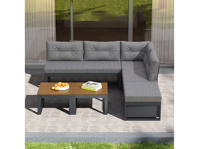 Sala de jardim modular em ferro: 1 sofá de canto elevável + 2 mesas de centro - 3 níveis ajustáveis + arrumação - Cinzento