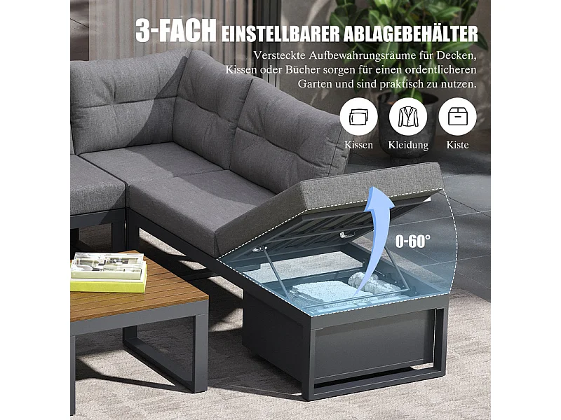 Sala de jardim modular em ferro: 1 sofá de canto elevável + 2 mesas de centro - 3 níveis ajustáveis + arrumação - Cinzento