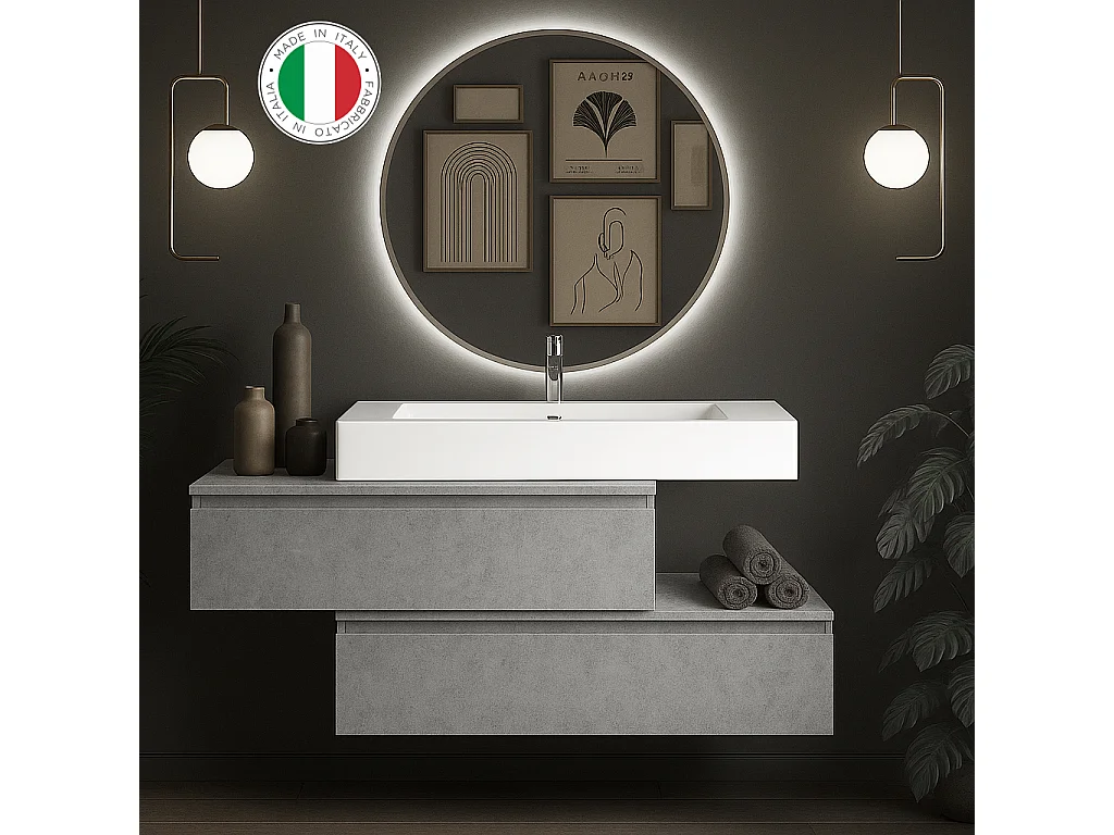 Mobile bagno sospeso sfalsato 120 cm in legno color Cemento Chiaro con 2 cassettoni, con top lavabo specchio e faretto a led I Made in Italy-bagnohome