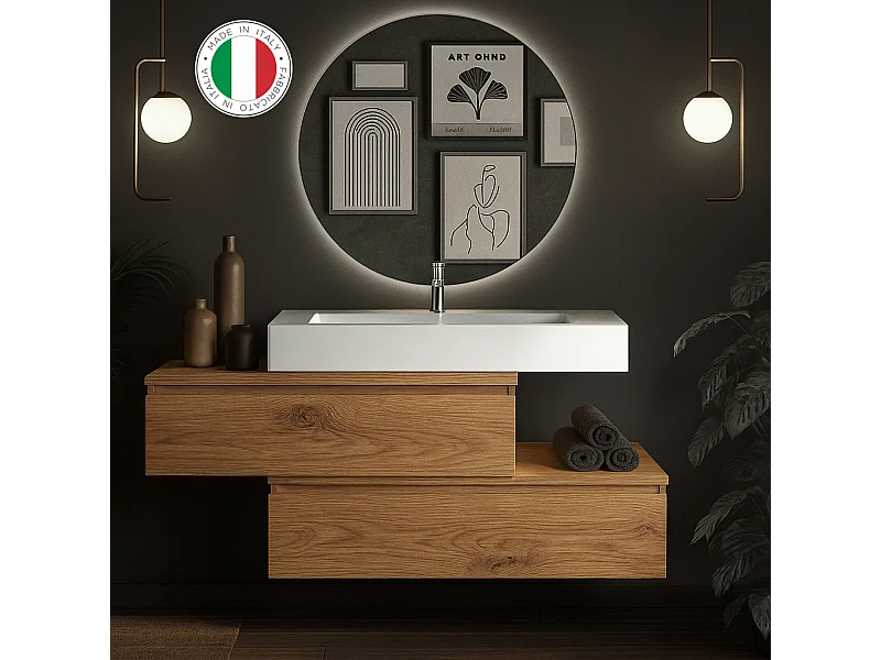 Mobile bagno sospeso 120 cm  in rovere nodato con lavabo d'appoggio con vasca a destra, specchio e faretto a led I Made in Italy-bagnohome