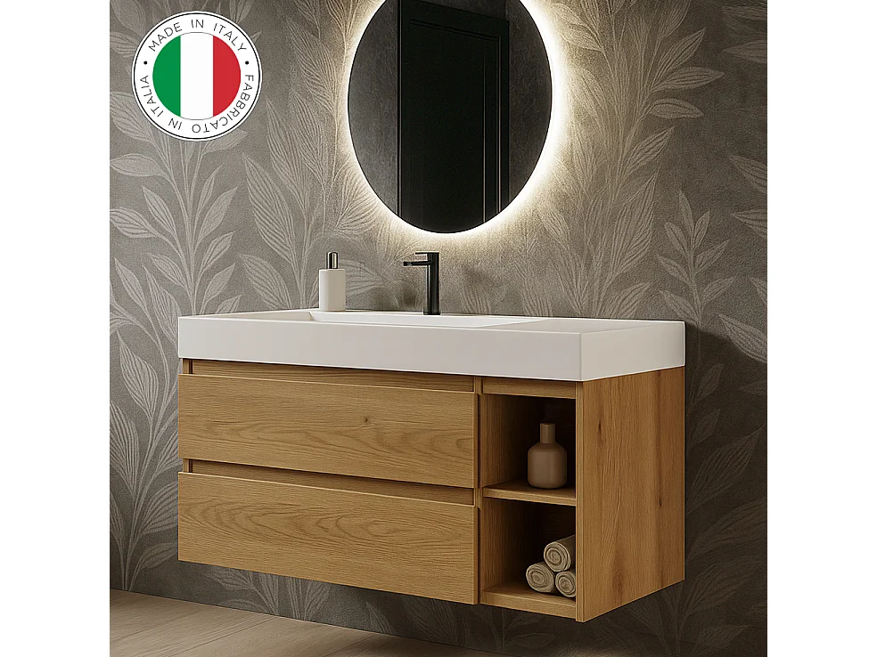 Mobile bagno sospeso 120 cm  in rovere nodato con lavabo d'appoggio con vasca a Sinistra, specchio e faretto a led I Made in Italy-bagnohome