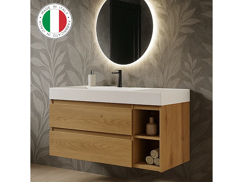 Mobile bagno sospeso 120 cm  in rovere nodato con lavabo d'appoggio con vasca a Sinistra, specchio e faretto a led I Made in Italy-bagnohome