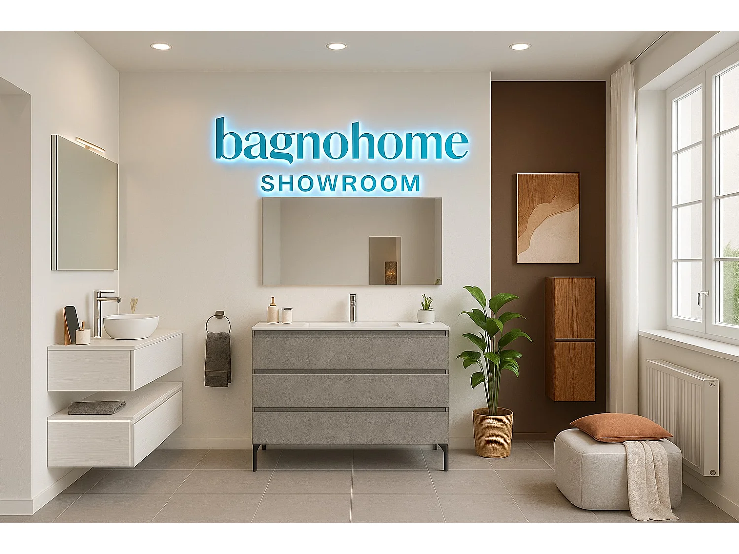 Mobile bagno sospeso 120 cm  in Blu Capri con lavabo d'appoggio con vasca a Sinistra, specchio e faretto a led I Made in Italy-bagnohome