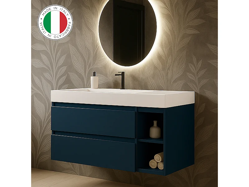 Mobile bagno sospeso 120 cm  in Blu Capri con lavabo d'appoggio con vasca a Sinistra, specchio e faretto a led I Made in Italy-bagnohome
