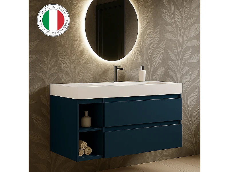 Mobile bagno sospeso 120 cm  in Blu Capri con lavabo d'appoggio con vasca a destra, specchio e faretto a led I Made in Italy-bagnohome