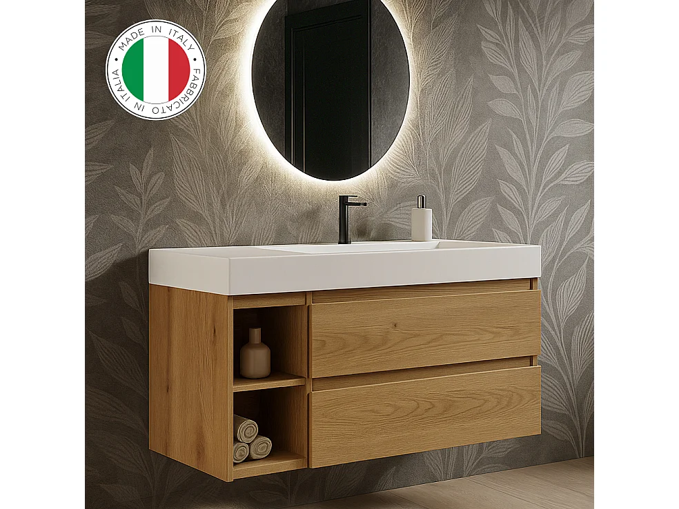 Mobile bagno sospeso 120 cm  in rovere nodato con lavabo d'appoggio con vasca a destra, specchio e faretto a led I Made in Italy-bagnohome