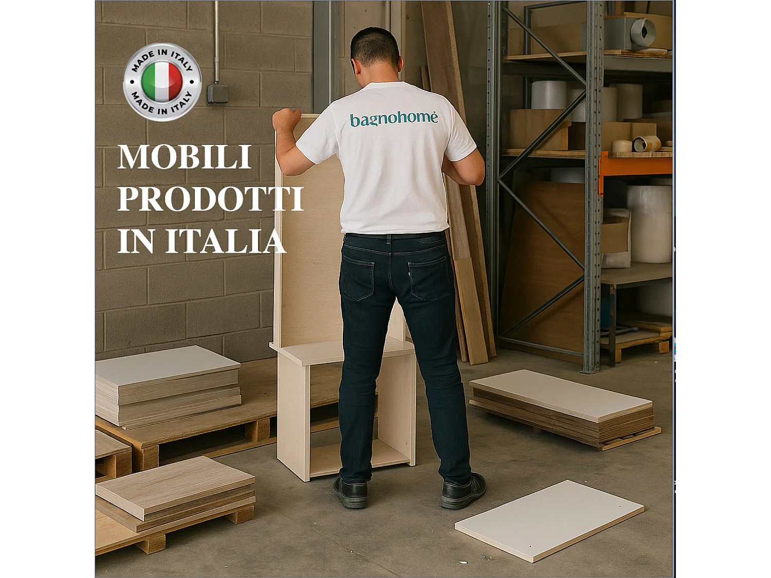 Mobile bagno sospeso 120 cm  in rovere nodato con lavabo d'appoggio con vasca a destra, specchio e faretto a led I Made in Italy-bagnohome