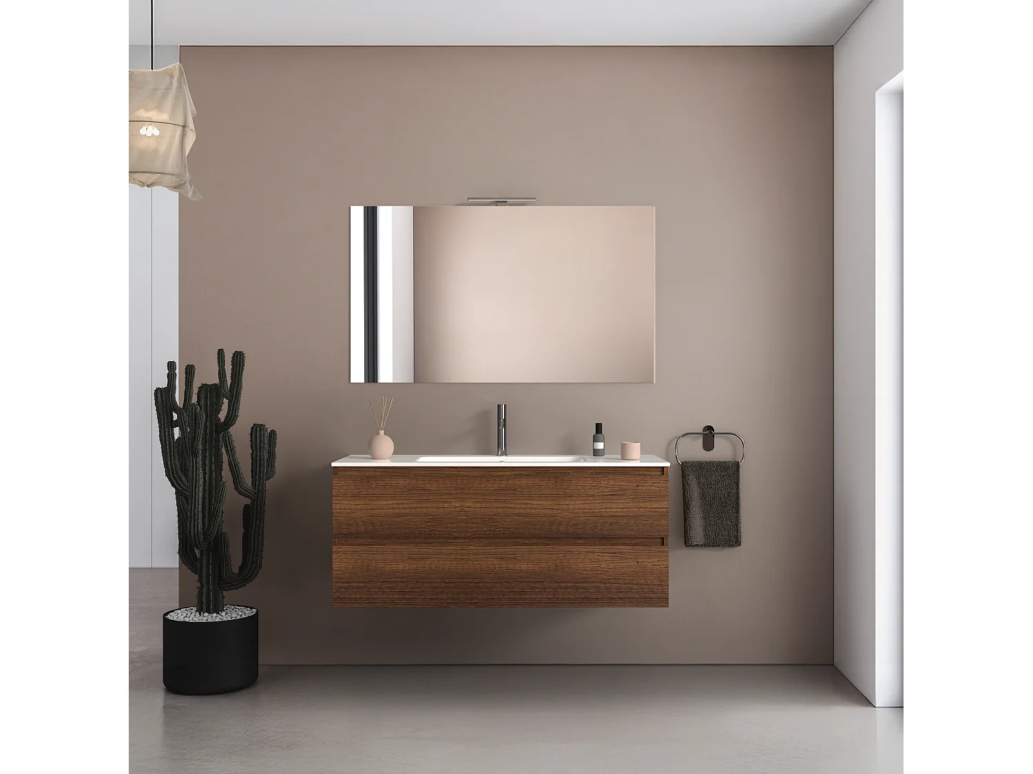 Mobile bagno sospeso 120 cm in legno color noce con lavabo, specchio e faretto a led I Made in Italy