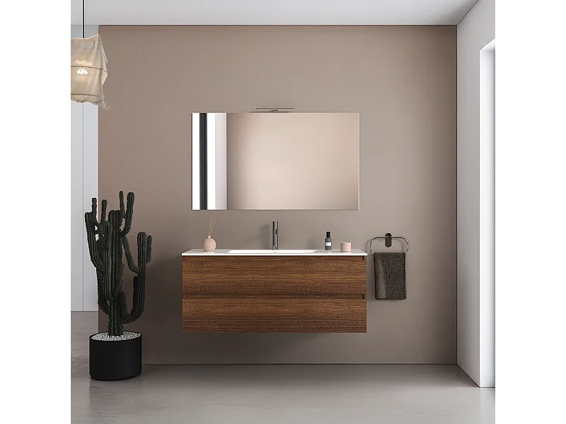 Mobile bagno sospeso 120 cm in legno color noce con lavabo, specchio e faretto a led I Made in Italy