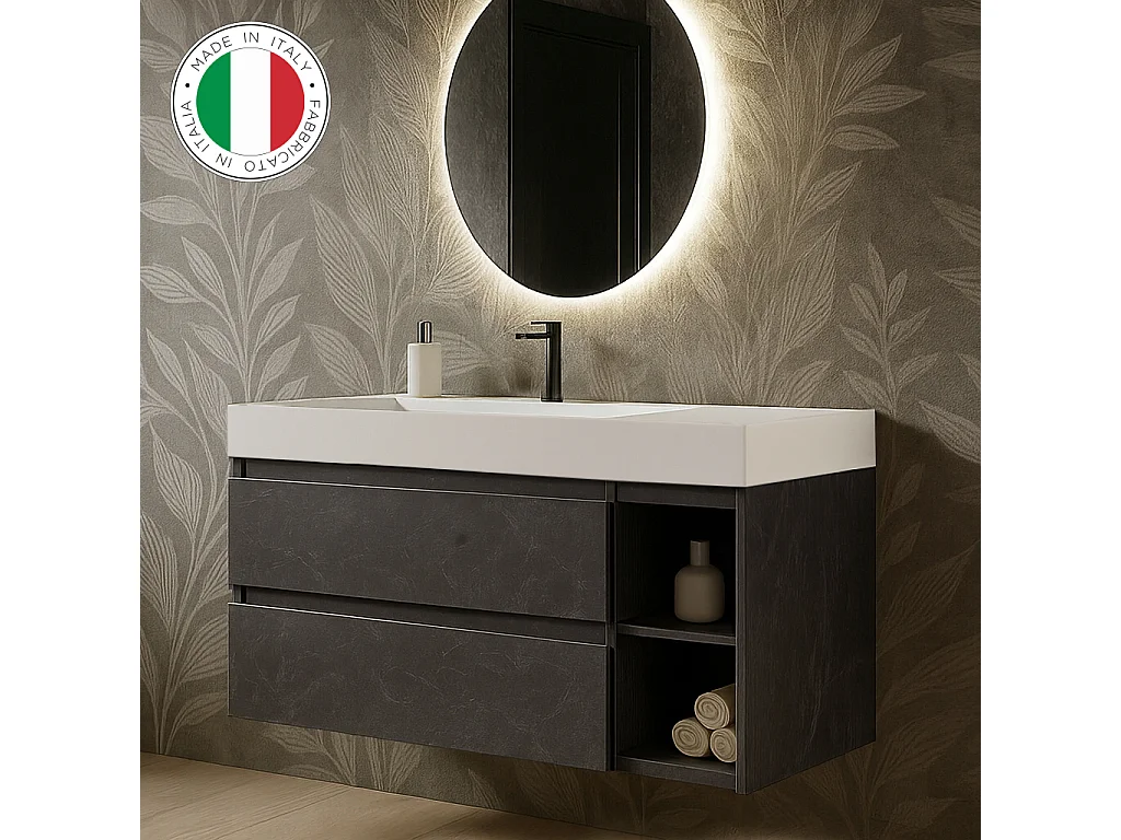 Mobile bagno sospeso 120 cm  in Cemento scuro con lavabo d'appoggio con vasca a Sinistra, specchio e faretto a led I Made in Italy-bagnohome