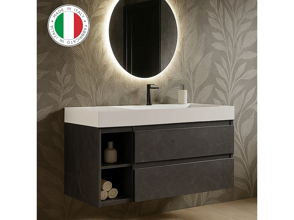 Mobile bagno sospeso 120 cm  in Cemento scuro con lavabo d'appoggio con vasca a destra, specchio e faretto a led I Made in Italy-bagnohome