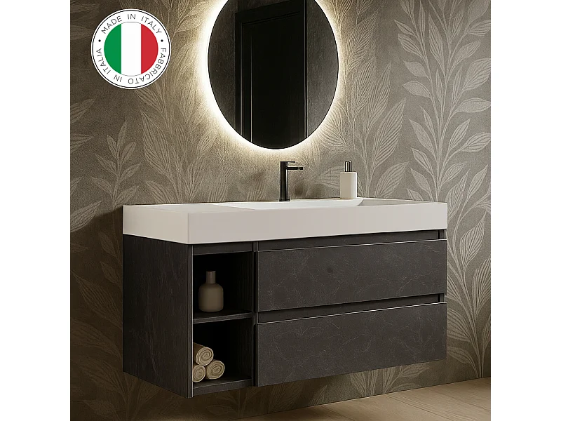 Mobile bagno sospeso 120 cm  in Cemento scuro con lavabo d'appoggio con vasca a destra, specchio e faretto a led I Made in Italy-bagnohome