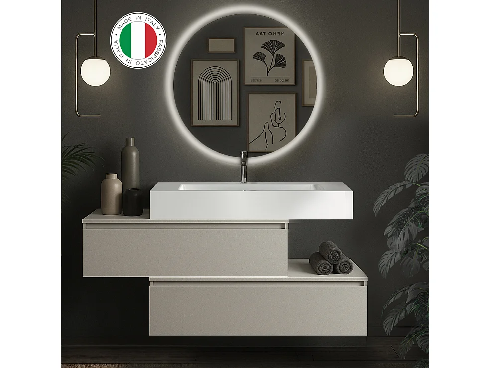 Mobile bagno sospeso sfalsato 120 cm in legno color Cashmere con 2 cassettoni, con top lavabo specchio e faretto a led I Made in Italy-bagnhome