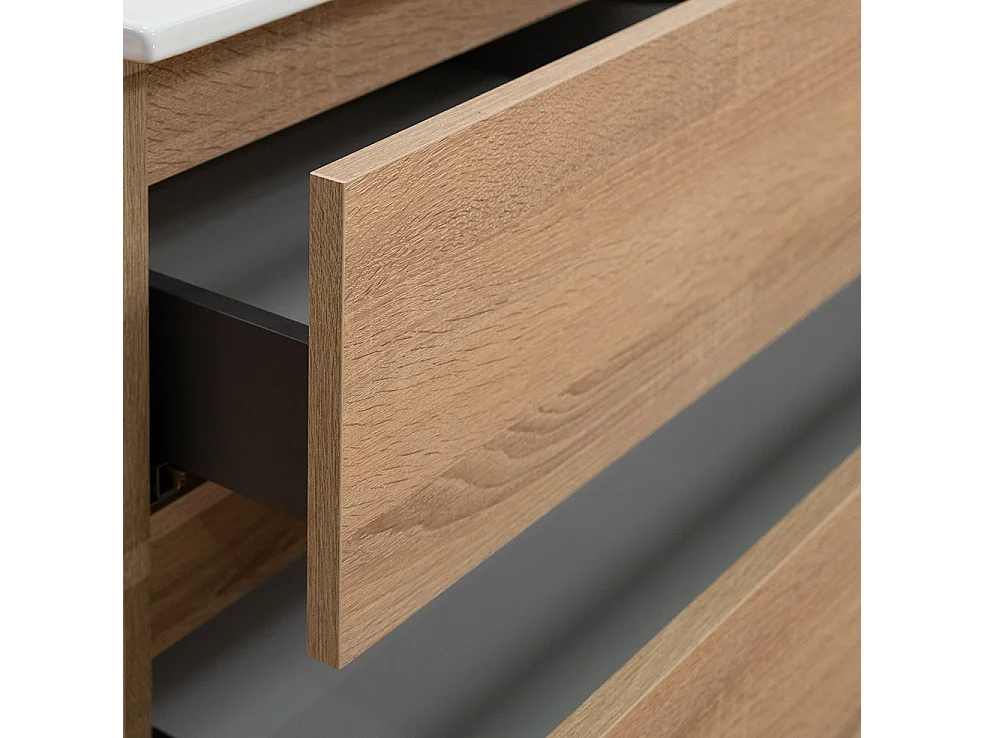 Mobile bagno a terra 80 cm in legno color rovere americano con lavabo,specchio e led I Made in Italy