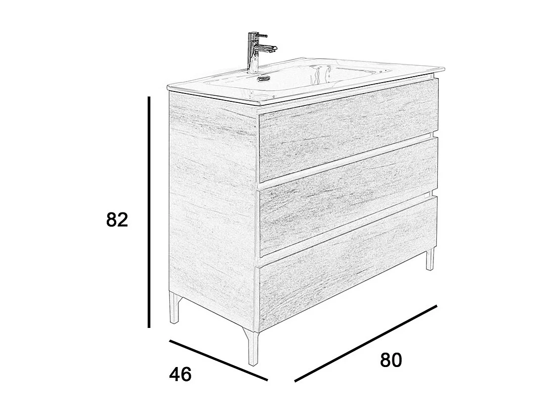 Mobile bagno a terra 80 cm in legno color rovere americano con lavabo,specchio e led I Made in Italy