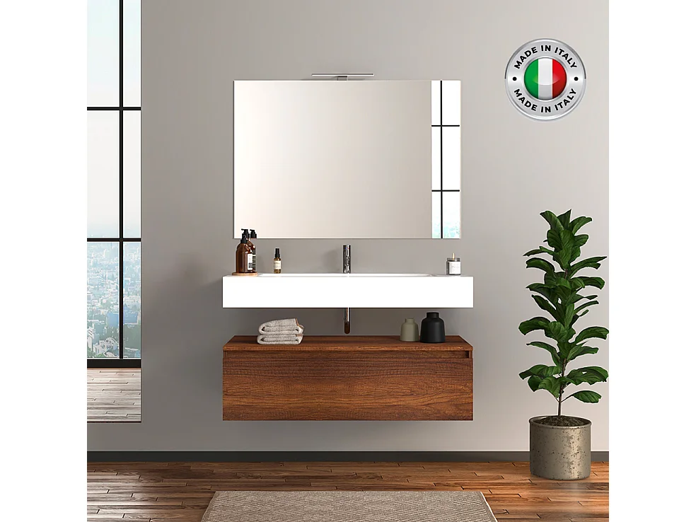 Mobile da bagno sospeso 100 cm in legno color noce con lavabo, specchio e faretto a led I Made in Italy