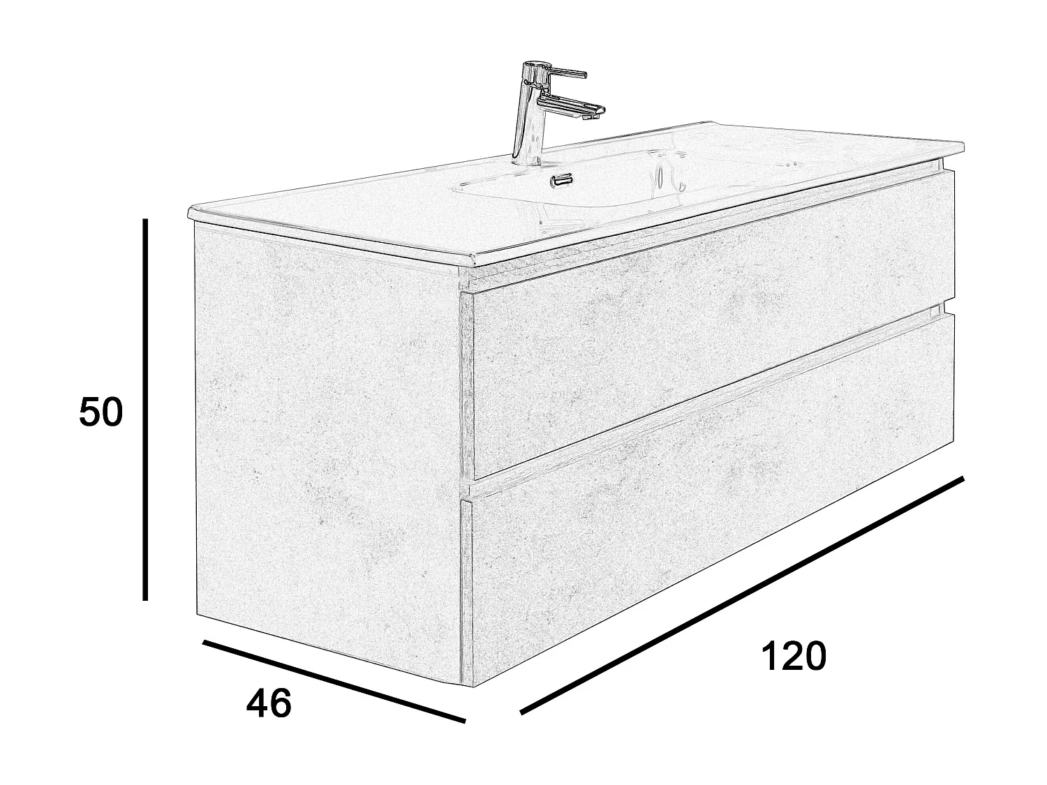 Mobile bagno sospeso 120 cm in legno color cemento chiaro con lavabo, specchio e faretto a led I Made in Italy