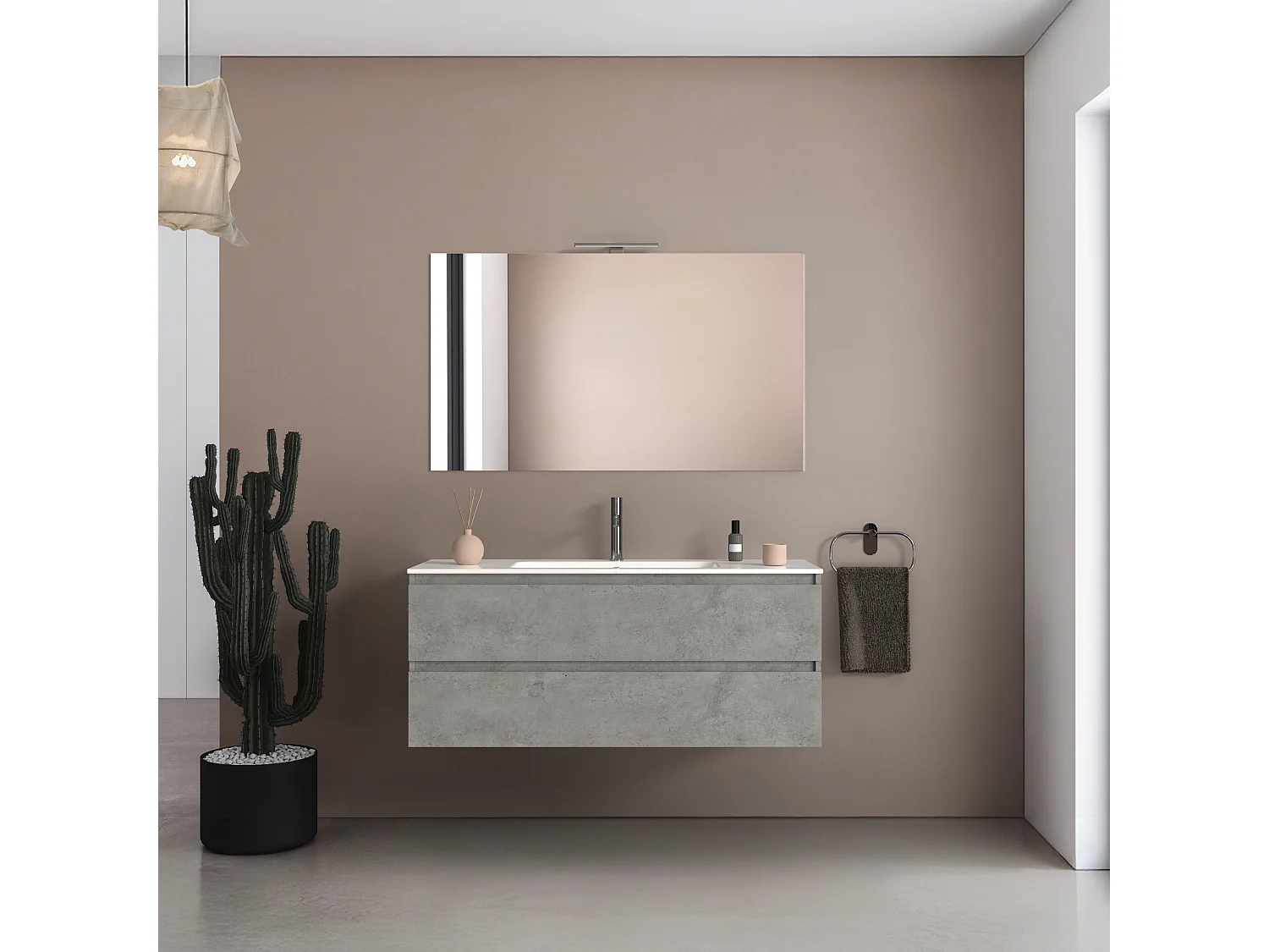 Mobile bagno sospeso 120 cm in legno color cemento chiaro con lavabo, specchio e faretto a led I Made in Italy