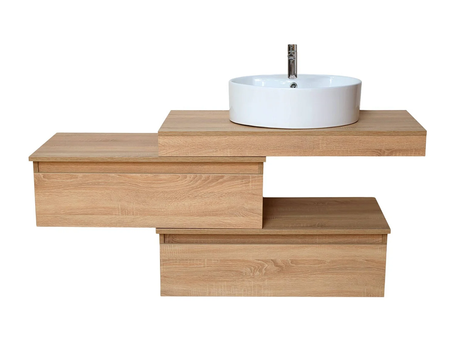 Mobile bagno sfalsato sospeso 100 cm in legno color rovere americano con 2 cassettoni, lavabo, specchio e faretto a led I Made in Italy