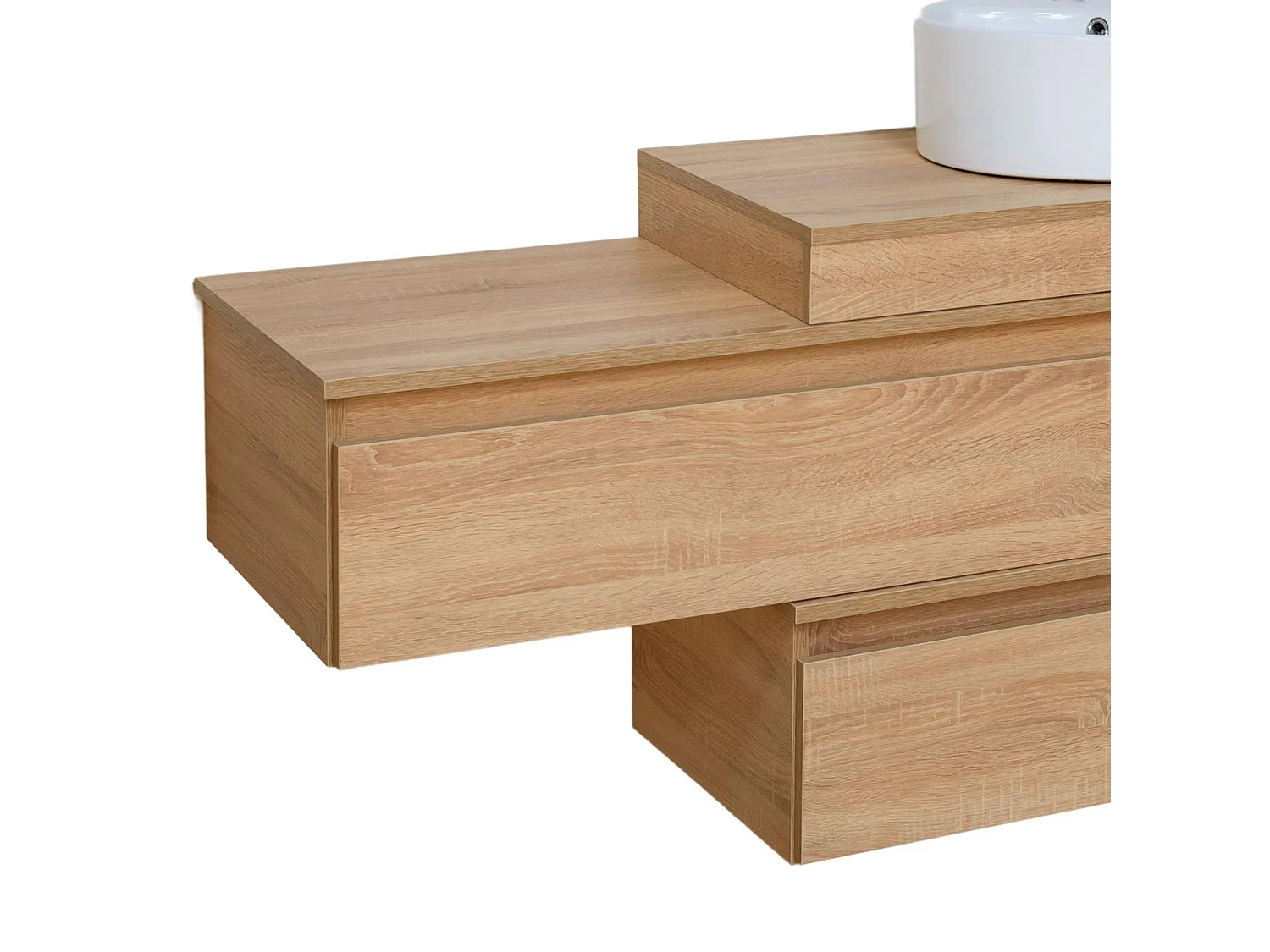 Mobile bagno sfalsato sospeso 100 cm in legno color rovere americano con 2 cassettoni, lavabo, specchio e faretto a led I Made in Italy