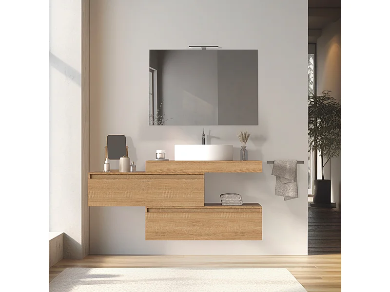 Mobile bagno sfalsato sospeso 100 cm in legno color rovere americano con 2 cassettoni, lavabo, specchio e faretto a led I Made in Italy