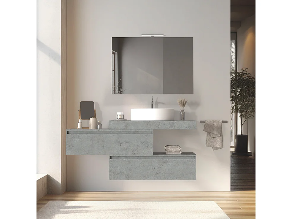 Mobile bagno sfalsato sospeso 100 cm in legno color cemento chiaro con 2 cassettoni, lavabo, specchio e faretto a led I Made in Italy