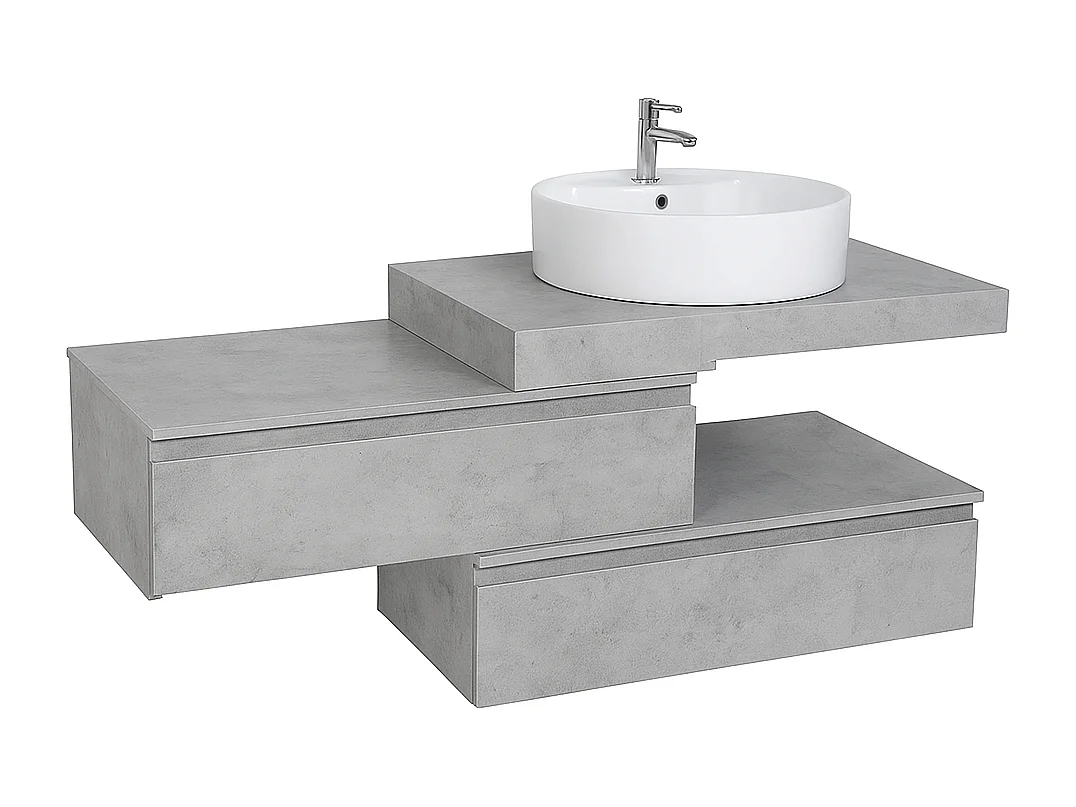 Mobile bagno sfalsato sospeso 100 cm in legno color cemento chiaro con 2 cassettoni, lavabo, specchio e faretto a led I Made in Italy