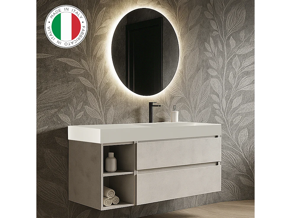 Mobile bagno sospeso 120 cm  in Cashmere con lavabo d'appoggio con vasca a destra, specchio e faretto a led I Made in Italy-bagnohome