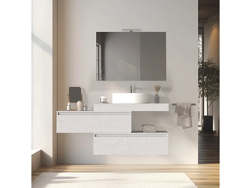 Mobile bagno sfalsato sospeso 100 cm in legno color bianco frassino con 2 cassettoni, lavabo, specchio e faretto a led I Made in Italy,
