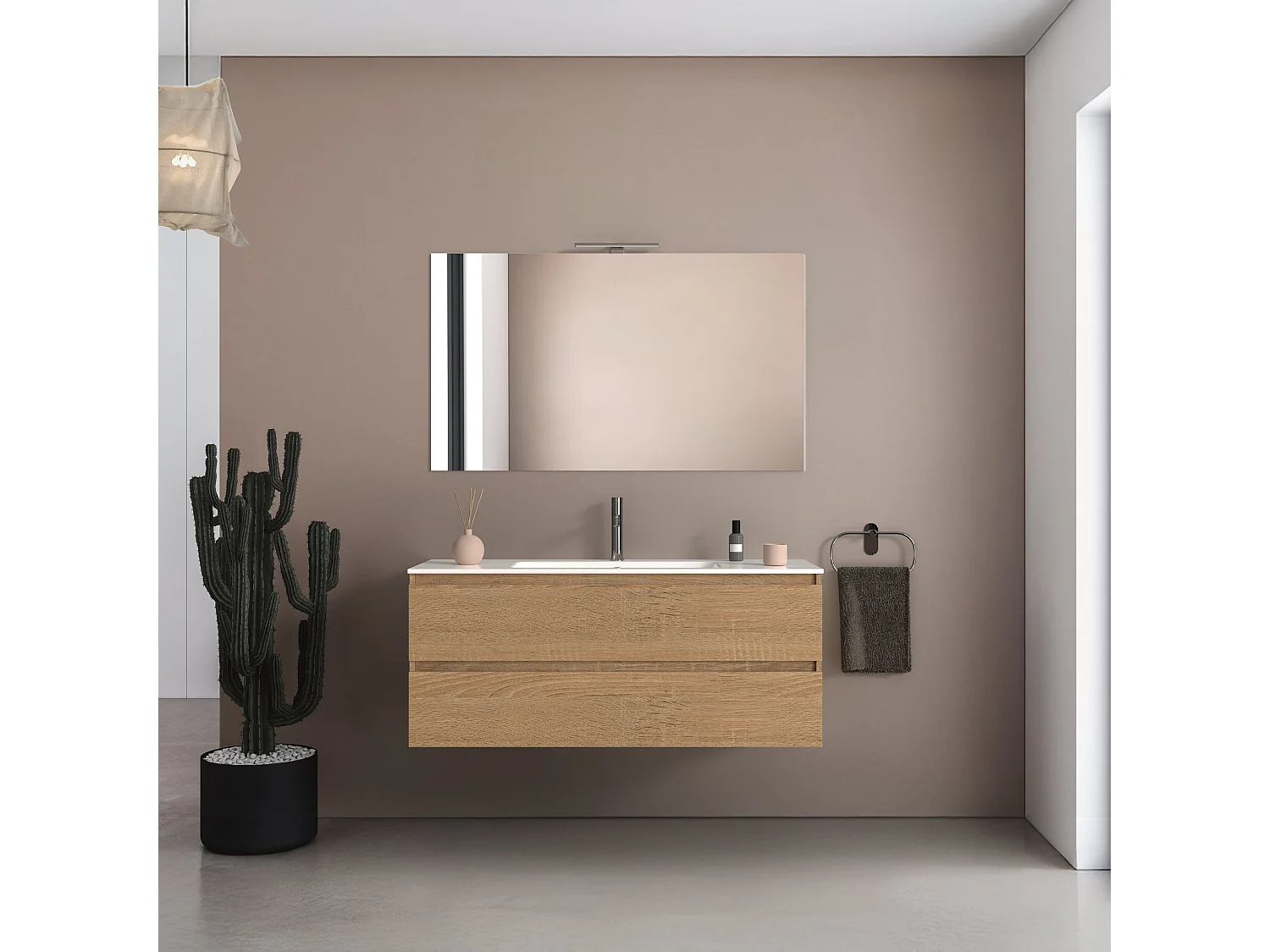 Mobile bagno sospeso 120 cm in legno color rovere americano con lavabo, specchio e faretto a led I Made in Italy