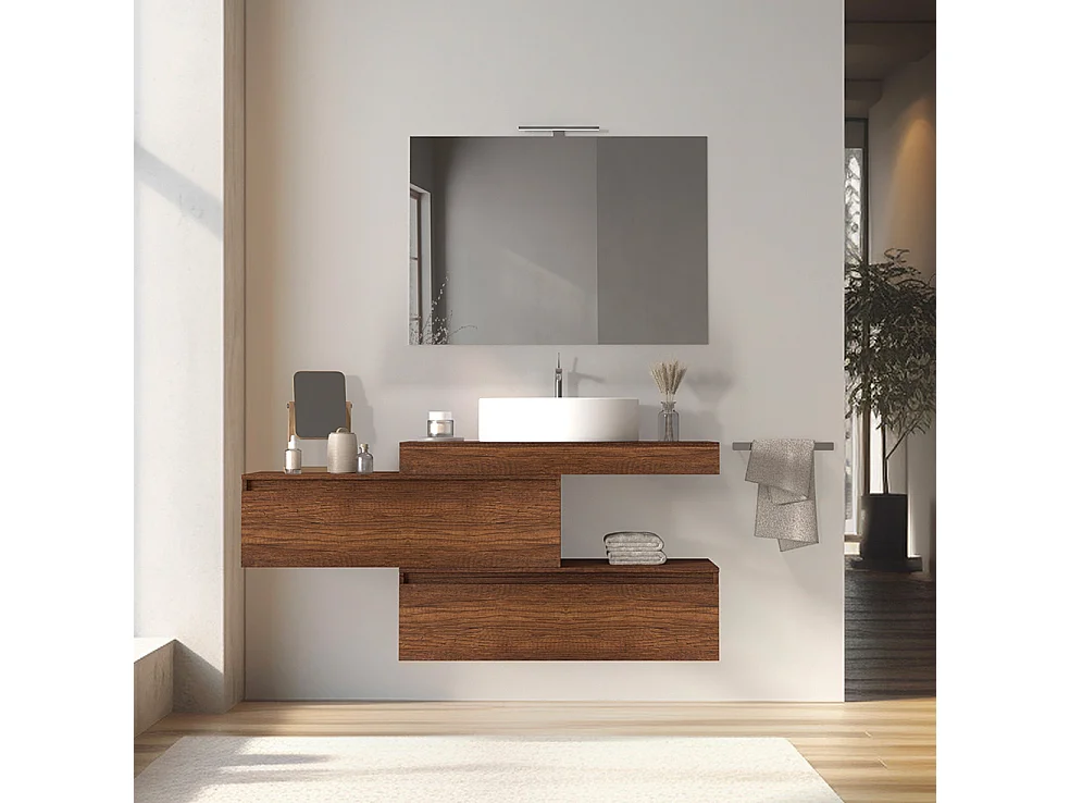 Mobile bagno sfalsato sospeso 100 cm in legno color noce con 2 cassettoni, lavabo, specchio e faretto a led I Made in Italy