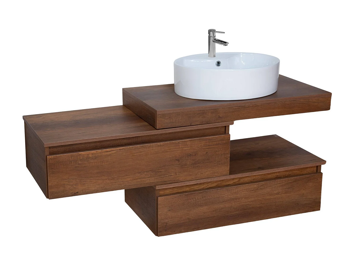 Mobile bagno sfalsato sospeso 100 cm in legno color noce con 2 cassettoni, lavabo, specchio e faretto a led I Made in Italy
